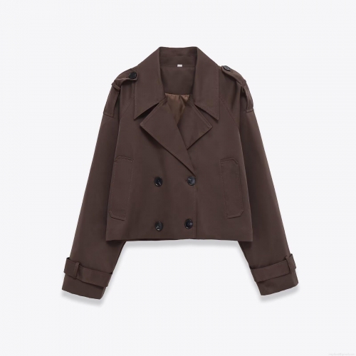 Women Short Trench Coat Jacket 100% Polyester Twill Double Breasted Lapel With Epaulettes Vintage Workwear Style Elegant Casual Spring Autumn Outerwear For Ladies