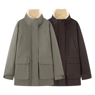 Women's Fashion Casual Polyester Parka Jacket Faux Lamb Wool Fleece Lined Stand Collar Windproof Outerwear Coat With Large Pockets For Winter Autumn