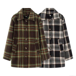 Women's Fashion Plaid Woolen Coat Oversized Casual Lapel Long Sleeve Jacket Outerwear for Autumn Winter Daily Wear Warm Single Breasted Button Down Mid Length Cardigan