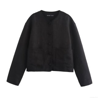 Women Jacquard Floral Embroidery Jacket Elegant Long Sleeve Round Neck Short Coat Fashion Casual Single Breasted Polyester Outerwear For Lady