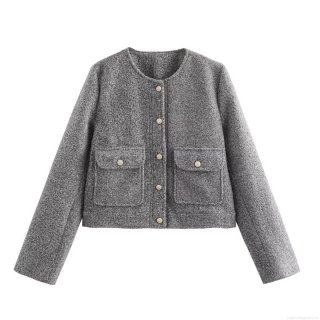 Women's Short Boucle Tweed Jacket Elegant French Style Round Neck Long Sleeve Coat With Golden Buttons For Casual Office Wear