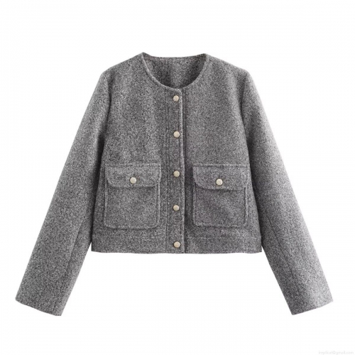 Women's Short Boucle Tweed Jacket Elegant French Style Round Neck Long Sleeve Coat With Golden Buttons For Casual Office Wear