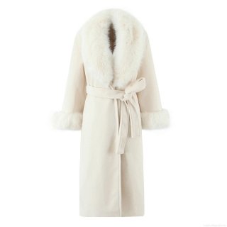 Women's Elegant Long Woolen Coat With Large Faux Fur Collar And Cuffs Slim Waist Tie Winter Warm Overcoat Solid Color Outwear For Ladies