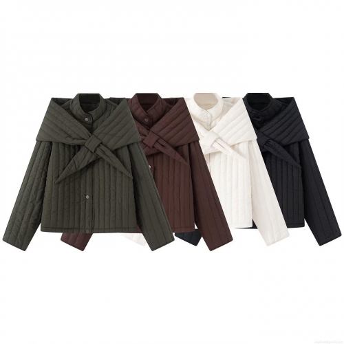 Fashion Women Quilted Cotton Jacket With Detachable Scarf Bow Collar Loose Short Padded Coat Retro Solid Color Warm Outerwear For Winter Autumn Women