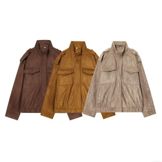 Women's Fashion Suede Texture Jacket Vintage Lapel Zipper Bomber Coat With Multi-Pockets And Shoulder Tabs Solid Color Casual Streetwear For Autumn Winter