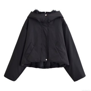 Women's Fashion Short Black Hooded Jacket With Faux Fur Collar Winter Warm Polyester Outerwear Casual Windproof Zip Up Coat