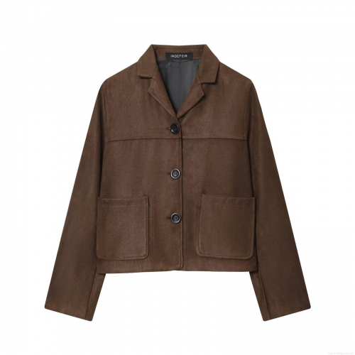 Women's Suede Short Jacket Vintage Lapel Single Breasted Outerwear With Pockets Casual Elegant Solid Color Long Sleeve Coat For Autumn Winter