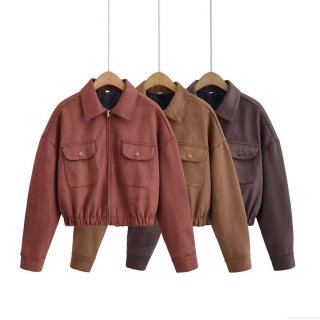 Women's Vintage Faux Suede Jacket Casual Zipped Front Lapel Collar Coat With Cargo Pockets Elastic Hem Long Sleeve Retro Streetwear Outerwear For Women