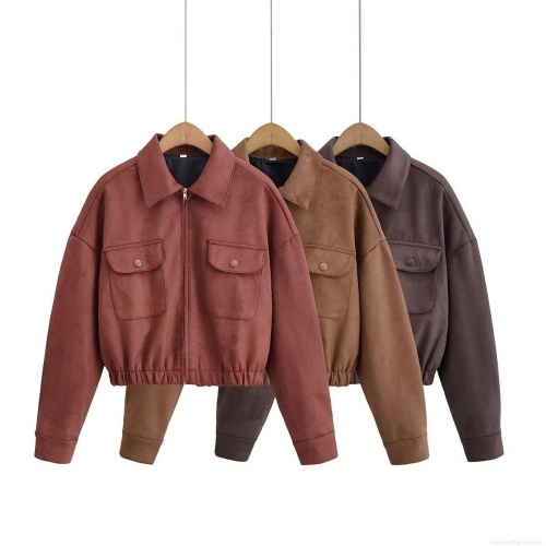 Women's Vintage Faux Suede Jacket Casual Zipped Front Lapel Collar Coat With Cargo Pockets Elastic Hem Long Sleeve Retro Streetwear Outerwear For Women