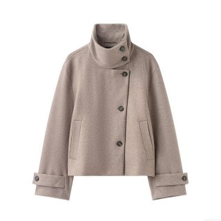 Women's Short Woolen Jacket Elegant Stand Collar Asymmetric Button Up Coat Fall Winter Warm Solid Color Outerwear for Daily Office Lady