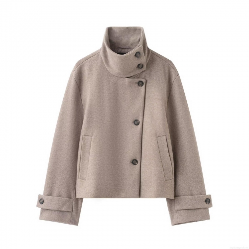 Women's Short Woolen Jacket Elegant Stand Collar Asymmetric Button Up Coat Fall Winter Warm Solid Color Outerwear for Daily Office Lady