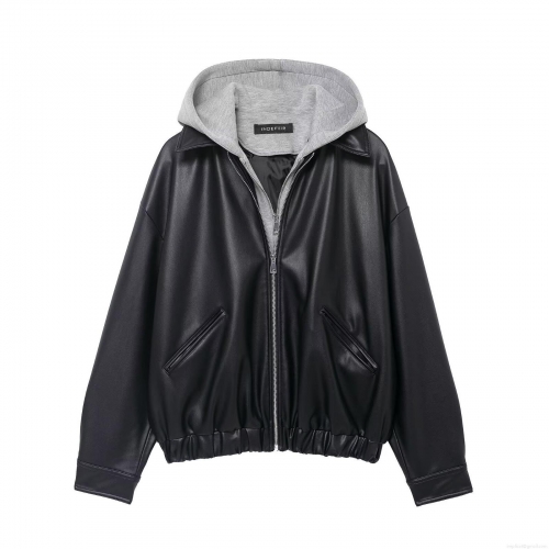 Women's Faux Leather Jacket Hooded Patchwork PU Leather Zip Up Coat Casual Streetwear Short Outerwear With Grey Knit Hood For Ladies Fall Winter
