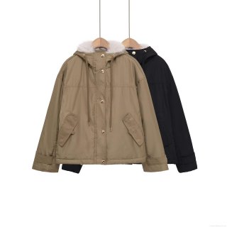 Women's Short Parka Jacket With Faux Fur Collar Hooded Windproof Outerwear Elegant Solid Color Casual Coat With Metal Buttons For Autumn Winter