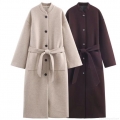 Women's Elegant Long Wool-like Coat Single Breasted Stand Collar Slimming Belted Overcoat Autumn Winter Solid Color Warm Outerwear Jacket