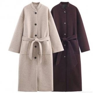 Women's Elegant Long Wool-like Coat Single Breasted Stand Collar Slimming Belted Overcoat Autumn Winter Solid Color Warm Outerwear Jacket