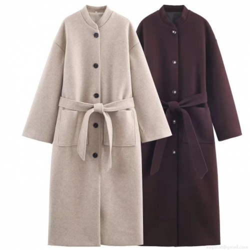 Women's Elegant Long Wool-like Coat Single Breasted Stand Collar Slimming Belted Overcoat Autumn Winter Solid Color Warm Outerwear Jacket
