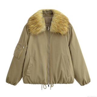 Women's Fashion Casual Jacket With Removable Faux Fur Collar 100% Polyester Windproof Zipper Coat With Pockets For Daily Travel