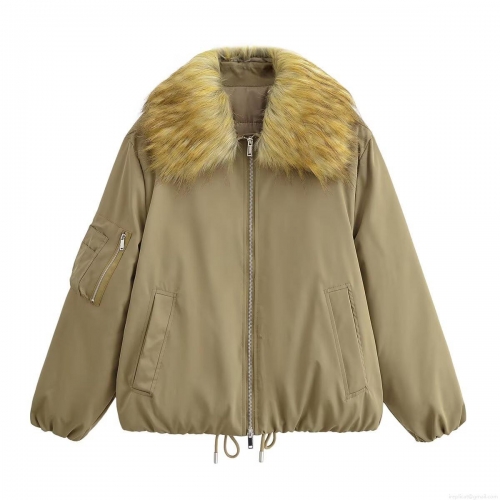 Women's Fashion Casual Jacket With Removable Faux Fur Collar 100% Polyester Windproof Zipper Coat With Pockets For Daily Travel