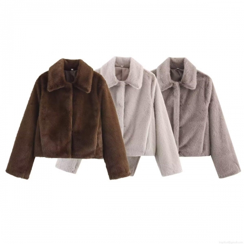 Women's Casual Faux Fur Jacket Solid Color Lapel Collar Long Sleeve Zip Up Warm Short Plush Coat Elegant Soft Shaggy Fuzzy Outerwear For Autumn Winter