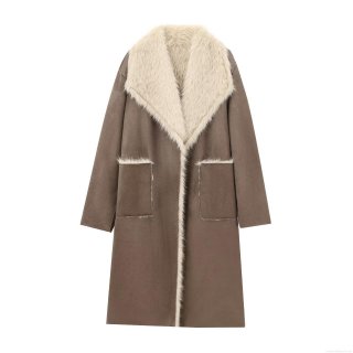 Women's Faux Fur Shearling Long Coat Elegant Suede Fleece Jacket With Big Lapel Collar Warm Contrast Color Winter Outwear For Ladies