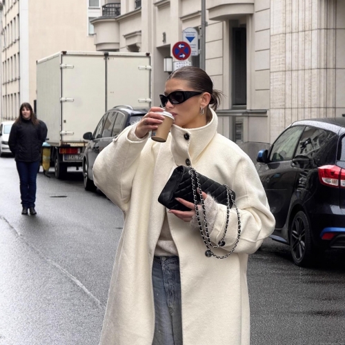 Elegant British Style Women's Long Woolen Coat Polyester Standing Collar Single Breasted Oversized Trench Coat For Winter Daily Lady Outerwear