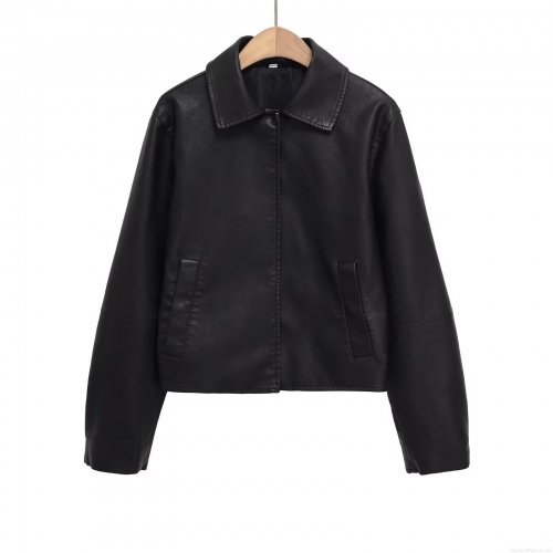 Women's Chic Faux Leather Jacket Lapel Collar Short Slim Fit PU Biker Outwear With Zipper Closure Solid Color Casual Streetwear Moto Jacket For Autumn Winter