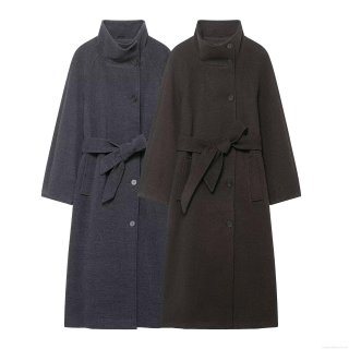 Women's Long Woolen Coat Elegant Stand Collar Belted Single Breasted Jacket Winter Warm Outwear For Daily Office Lady Solid Color Overcoat