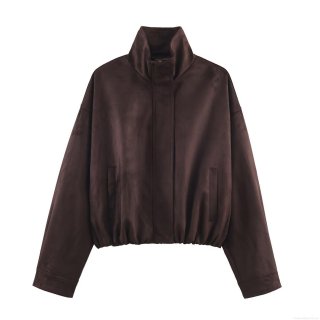 Women's Faux Suede Bomber Jacket Solid Color Stand Collar Zip Up Short Outerwear Casual Chic Fashion Coat Fall Winter For Ladies