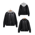 Women's Loose Hooded PU Leather Jacket Faux Leather Coat With Gray Knit Hood Casual Streetwear Gothic Zipper Pocket Outerwear