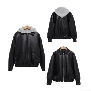 Women's Loose Hooded PU Leather Jacket Faux Leather Coat With Gray Knit Hood Casual Streetwear Gothic Zipper Pocket Outerwear