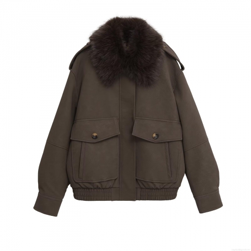 Women's Faux Leather Aviator Jacket With Faux Fur Collar Warm Winter Short Biker Coat With Pockets Vintage Solid Streetwear Outerwear