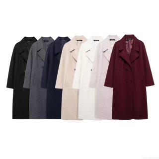 Women's Double Breasted Long Woolen Coat Elegant Solid Color Polyester Blend Overcoat Autumn Winter Warm Trench Coat For Office Lady Streetwear Outwear