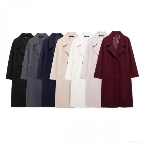 Women's Double Breasted Long Woolen Coat Elegant Solid Color Polyester Blend Overcoat Autumn Winter Warm Trench Coat For Office Lady Streetwear Outwear