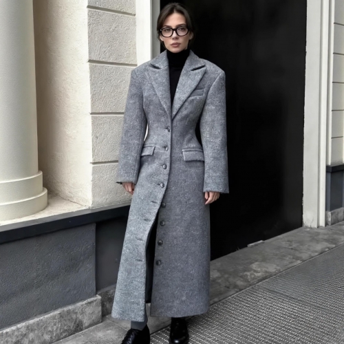 Women's Elegant Long Woolen Coat Slim Fit Single Breasted Lapel Overcoat Solid Color Polyester Woolen Outwear For Winter Lady Office Streetwear