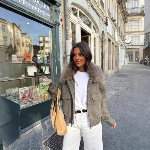 Women's Fashion Casual Short Jacket With Faux Fur Collar Polyester Wool Blend Tweed Coat For Autumn Winter Streetwear Office Lady Outerwear