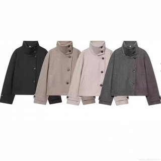 Women Fashion Short Woolen Coat Elegant Stand Collar Asymmetric Button Jacket Casual Long Sleeve Solid Color Outerwear For Women Autumn Winter