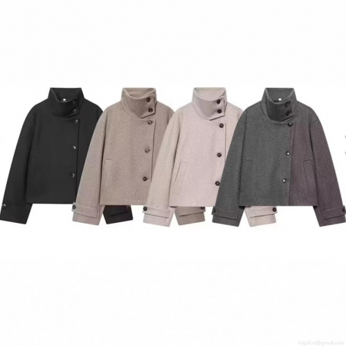 Women Fashion Short Woolen Coat Elegant Stand Collar Asymmetric Button Jacket Casual Long Sleeve Solid Color Outerwear For Women Autumn Winter