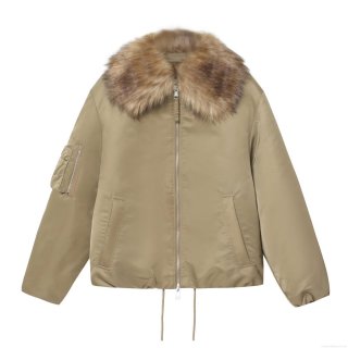 Women's Fashion Aviator Jacket With Brown Faux Fur Collar Solid Khaki Long Sleeve Short Coat Drawstring Hem Windproof Warm Winter Fall Outerwear Ladies