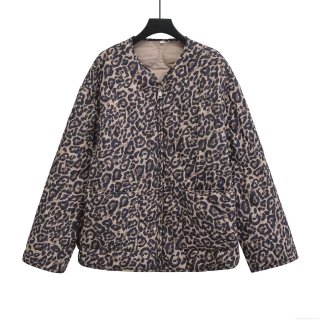 Women Fashion Leopard Print Quilted Jacket Lightweight Round Neck Zip Up Diamond Lattice Padded Coat With Large Pockets Casual Streetwear Autumn Winter Outwear