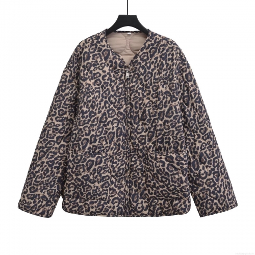 Women Fashion Leopard Print Quilted Jacket Lightweight Round Neck Zip Up Diamond Lattice Padded Coat With Large Pockets Casual Streetwear Autumn Winter Outwear