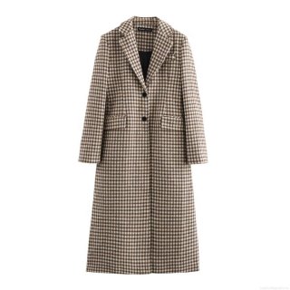 Elegant Houndstooth Woolen Long Coat Women Gold Thread Polyester Single Breasted Lapel Jacket With Pockets For Autumn Winter Casual Daily Office Wear