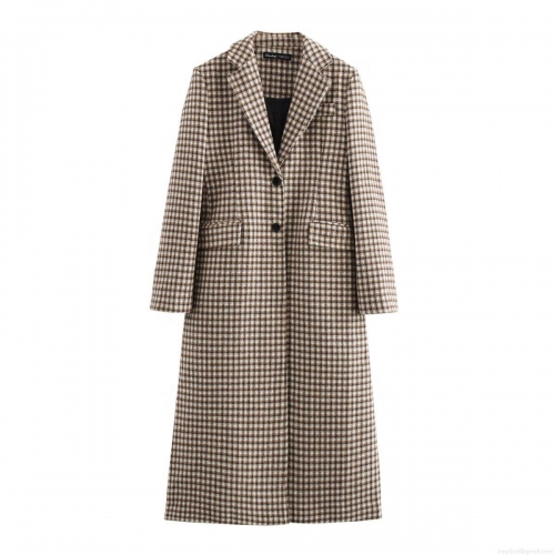 Elegant Houndstooth Woolen Long Coat Women Gold Thread Polyester Single Breasted Lapel Jacket With Pockets For Autumn Winter Casual Daily Office Wear