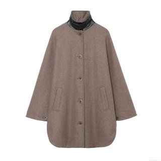 Women's Long Overcoat Woolen Feel Polyester With Faux Leather Stand Collar Single Breasted Loose Outerwear For Autumn Winter Elegant Retro Lady Coat