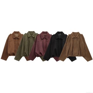 Women's Faux Suede Bomber Jacket Short Fashion Lapel Moto Coat With Epaulettes Solid Color Oversized Outerwear For Autumn Winter Casual Streetwear