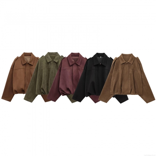Women's Faux Suede Bomber Jacket Short Fashion Lapel Moto Coat With Epaulettes Solid Color Oversized Outerwear For Autumn Winter Casual Streetwear