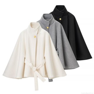 Women's Elegant Cape Coat Wool Blend Polyester Stand Collar Gold Button Belted Short Jacket Casual Solid Autumn Winter Outerwear for Women