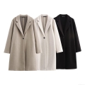 Women's Elegant Mid-length Woolen Style Coat Polyester Lapel Single Button Outerwear For Autumn Winter Casual Fashion Solid Color Ladies Trench Coat