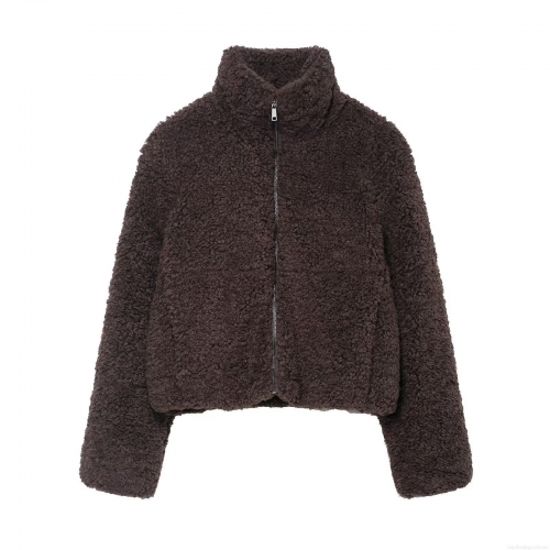 Women's Casual Teddy Fleece Jacket Stand Collar Full Zipper Long Sleeve Warm Outwear Streetwear Solid Color Pockets Thick Coat