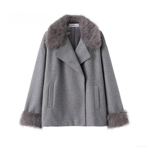 Women's Elegant Grey Faux Fur Trim Woolen Look Short Coat Fashion Lapel Zipper Long Sleeve Jacket For Autumn Winter Daily Lady Outerwear