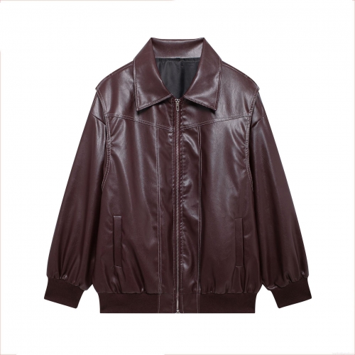 Women's PU Faux Leather Motorcycle Jacket With Contrast Stitching Lapel Zipper Casual Streetwear Autumn Winter Long Sleeve Coat Polyester Lining